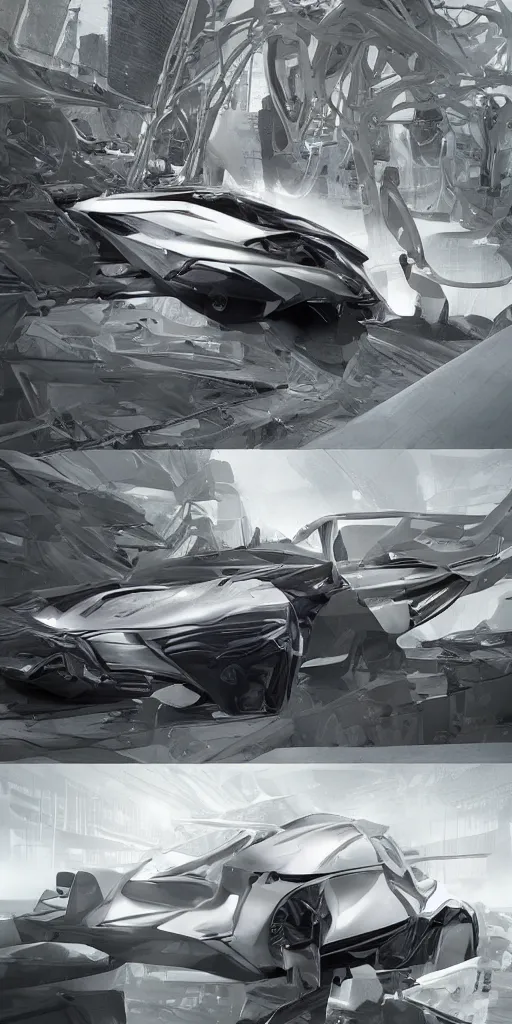 Prompt: sci-fi 3d car, zaha hadid, wall structure, logotype, car, on, the coronation of napoleon painting, digital billboard in the middle, trending on artstation, octane render pinterest, keyshot product render pinterest, reflections, gloss, shiny, artwork in style of Sheng Lam