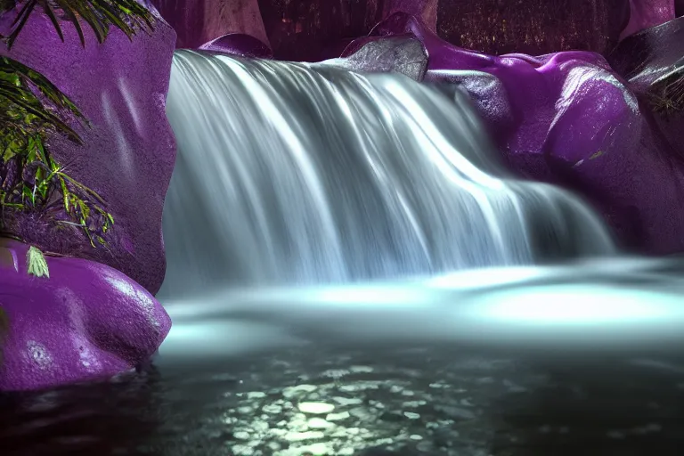 Prompt: A waterfall with glowing purple water. Cinematic lighting. Photorealism.