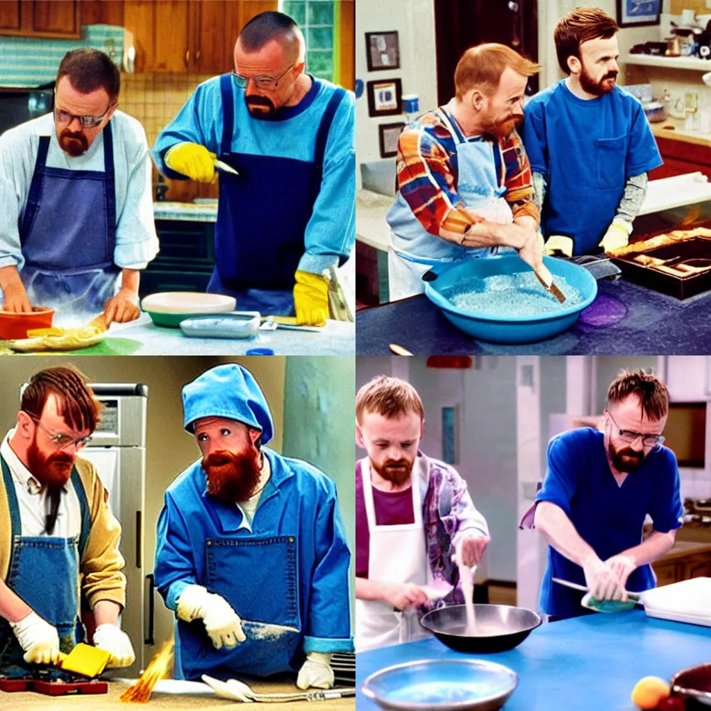 Prompt: Walter White and Jesse Pinkman cooking blue rocks in a kids TV show, 90's, photorealisitc, 40mm, colorized