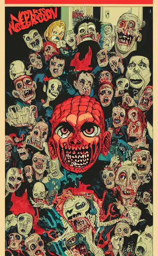 Image similar to cursed with necronomicon horrorcore cel animation poster depicting gory waldo eating the deceased power puff girls, intricate faces, metropolis, 1 9 5 0 s movie poster, post - processing, vector art