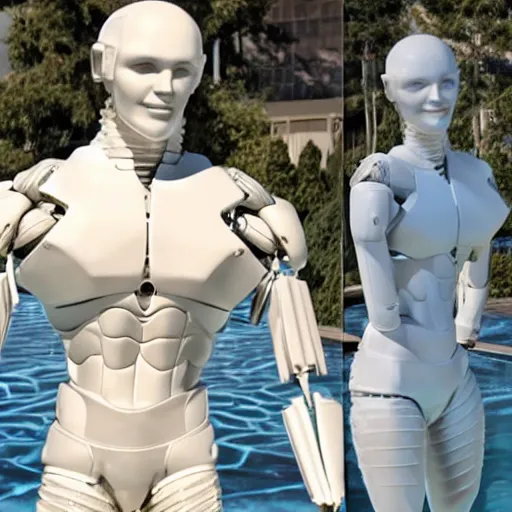 Image similar to made of ice, a realistic detailed photo of a guy who is an attractive humanoid who is half robot and half humanoid, who is a male android, on display, blank stare, showing off his muscles, shiny skin, posing like a statue, by the pool, frozen ice statue, twitch streamer / gamer ludwig, humanoid robot