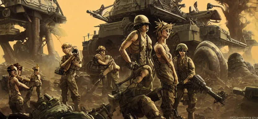 Prompt: metal slug soldiers load up, digital painting masterpiece, by ilya kuvshinov, by frank frazetta, by mœbius, by reiq, by hayao miyazaki, intricate detail, beautiful brush strokes, advanced lighting technology, 4 k wallpaper, interesting character design, stylized yet realistic anatomy and faces, inspired by kill bill animated scene