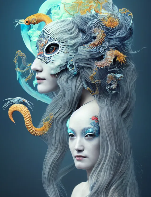 Image similar to 3 d goddess half - turn portrait with long hair with ram skull. beautiful intricately detailed japanese crow kitsune mask and clasical japanese kimono. betta fish, jellyfish phoenix, bio luminescent, plasma, ice, water, wind, creature, artwork by tooth wu and wlop and beeple and greg rutkowski