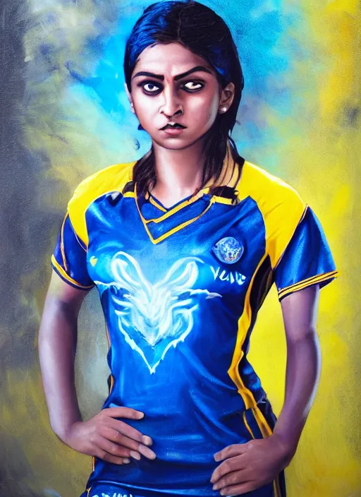 Image similar to An epic fantasy comic book style portrait painting of a very very beautiful young Indian woman, very expressive, dark piercing eyes, tomboy, mischievous, smirk, round face, very dark Nilotic tan skin, futuristic short black hair style, wearing a blue and yellow soccer uniform, arms crossed, unreal 5, DAZ, hyperrealistic, octane render, cosplay, RPG portrait, dynamic lighting