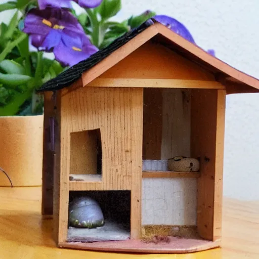 Prompt: interior photograph of a miniature home made for snails, micro