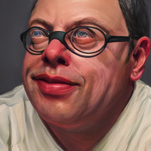 Image similar to high quality high detail painting of todd solondz portrait, happy, showing strong content, pleasure, or fun ; full of joy, by lucian freud and francis bacon, hd, photorealistic lighting