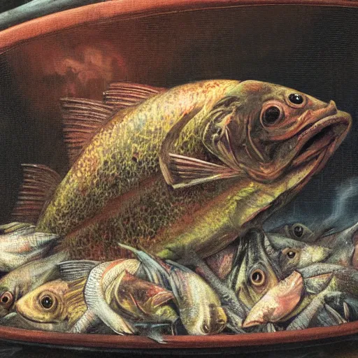 Image similar to surprised fish on a pile of fish in a cooking pot on fire, side view, by juan gimenez, dystopian art, rococo