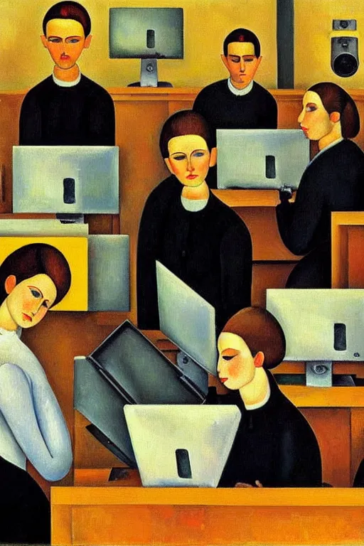 Image similar to oil painting highly detailed computer workers in office painted by amadeo modigliani