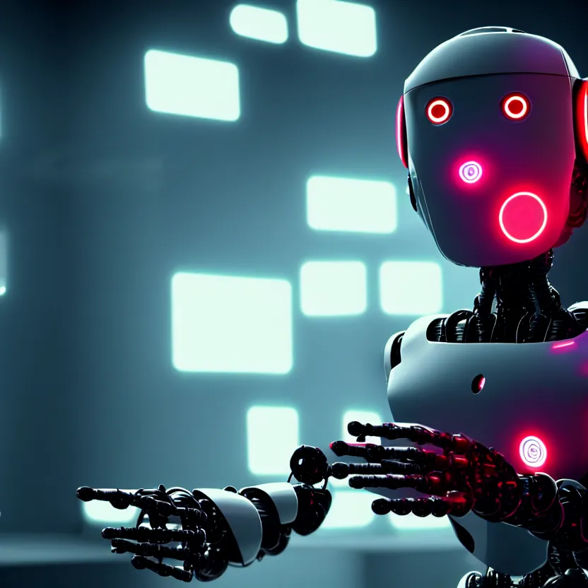 Image similar to a film still of a robot with red eyes playing video games, cool, photo, realistic, hd, intricate details, soft lighting, cyberpunk, cinematic, beautiful, 1 6 k