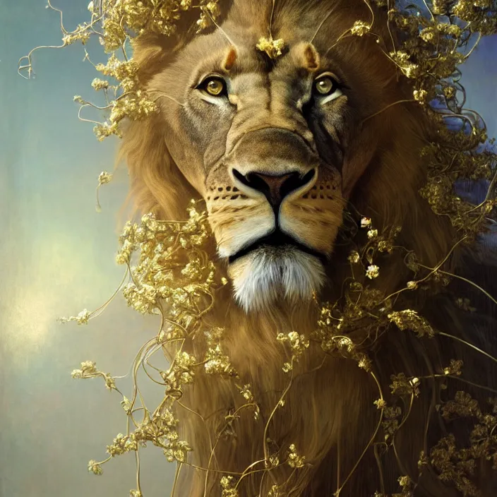 Image similar to hyperrealist portrait of a 2 0 4 4 space sport lion, it is decorated with long gold wires and white flowers that fall like vines and wears a huge computer crown. by jeremy mann and alphonse mucha, fantasy art, photo realistic, dynamic lighting, artstation, poster, volumetric lighting, dramatic light, very detailed faces, 8 k, award winning