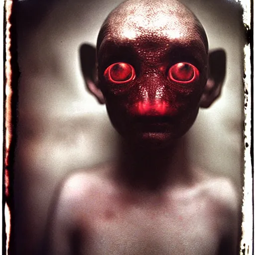 Image similar to a realistic photograph of a alien with glowing red eyes taken by sally mann, portrait, hazy, muted colors, detailed, bleak, 125mm