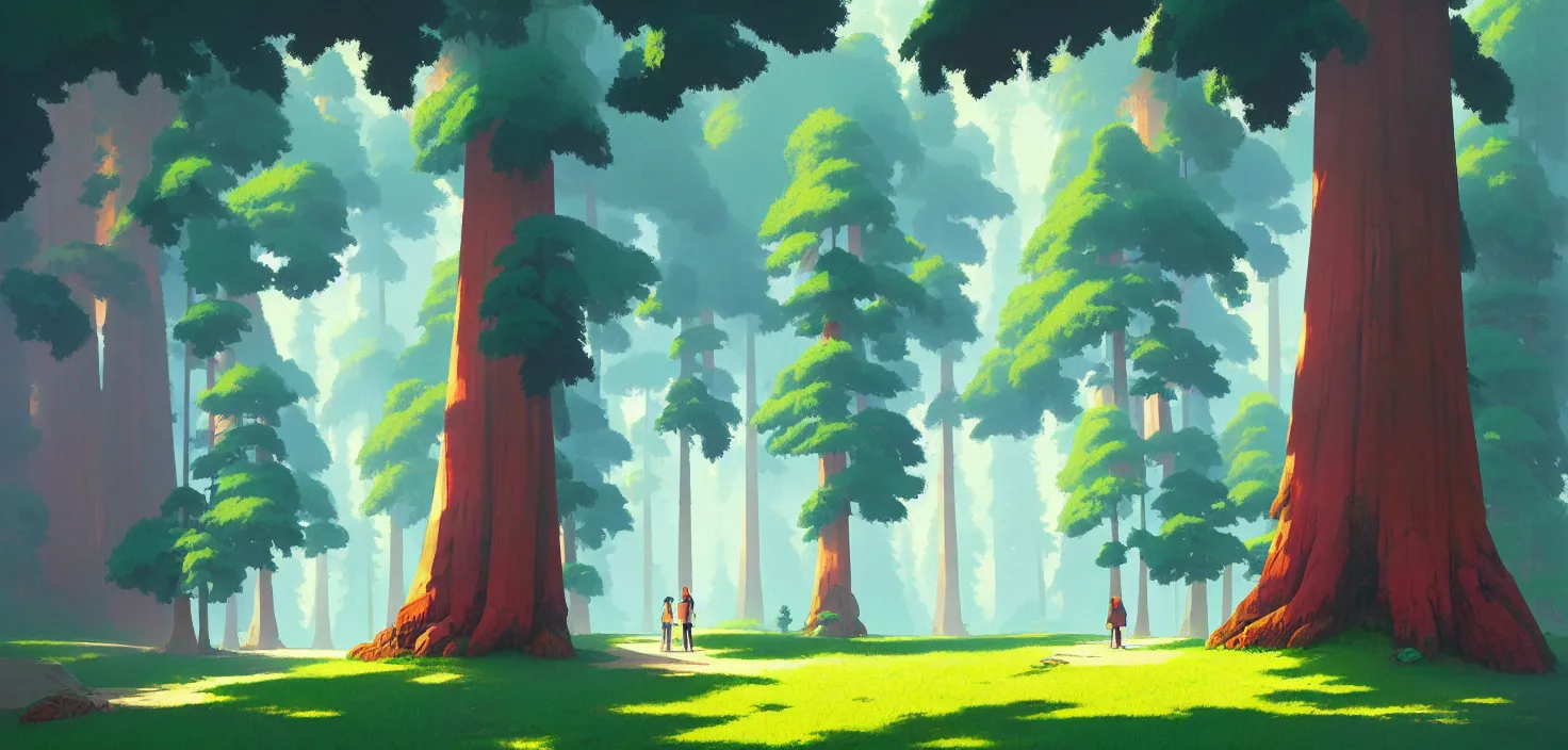 Image similar to Sequoia park in a colorful moutain with beautiful trees , no people, morning, by studio ghibli painting, superior quality, masterpiece, traditional Japanese colors, by Grzegorz Rutkowski, concept art