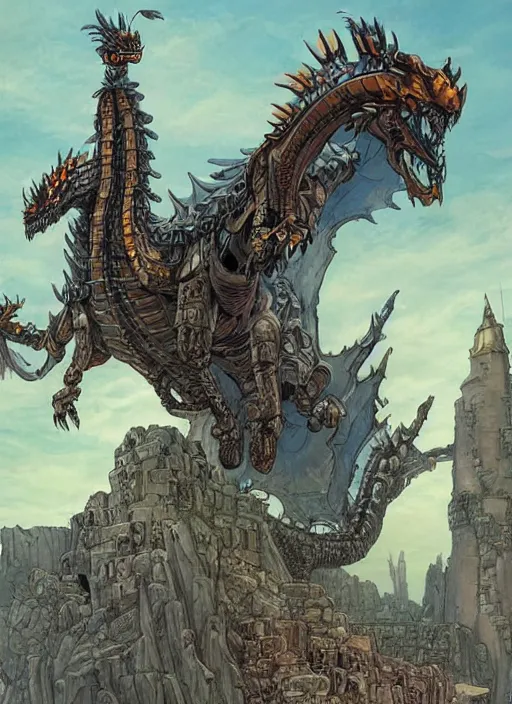 Image similar to intricate fantasy comic book drawing of a giant mechanical dragon over a stronghold castle by dariusz zawadski and simon stalenhag, simon bisley, jack kirby and gris grimly, cinematic, epic, awesome color palette