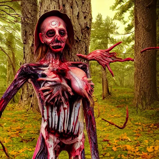 Prompt: A realistic detailed photo of a creepy witch, extra detailed body, crooked legs, blood, exploded belly, red eyes, destroyed body, dead skin, dead trees, detailed body, teeth filled with cavities, foggy landscape, creepy, light particles, detailed light, realistic shaders, trending on artisation, detailed textures, detailed, realistic.