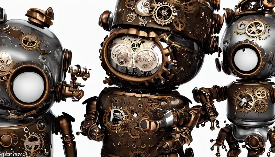 Image similar to two cute steampunk robots with human skin and large shiny eyes smiling and waving, isolated on white background, intricate details, 3D occlusion
