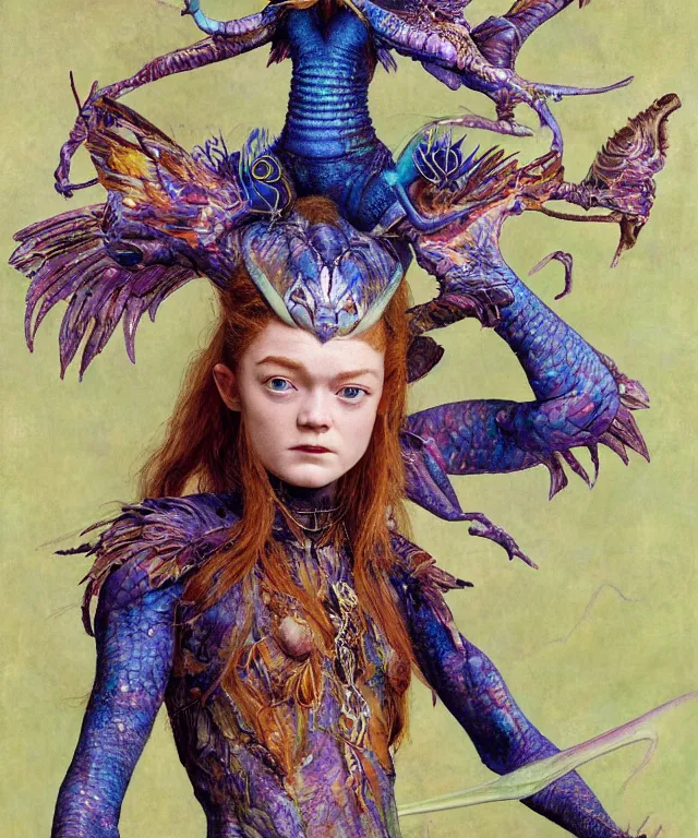 Prompt: a portrait photograph of a meditating fierce sadie sink as a colorful harpy antilope super hero with blue skin with scales. she is being transformed into a alien amphibian animal. by donato giancola, hans holbein, walton ford, gaston bussiere, peter mohrbacher and brian froud. 8 k, cgsociety, fashion editorial