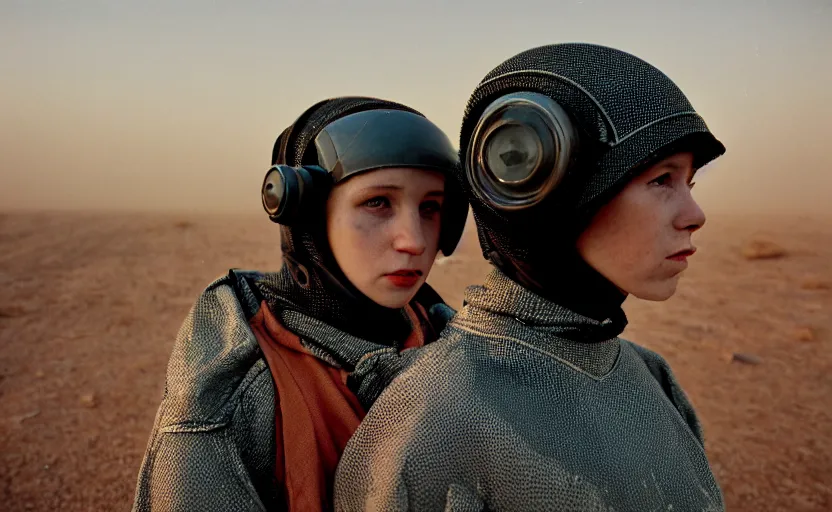 Image similar to cinestill 5 0 d photographic portrait by helen levitt of a white and mixed female android couple wearing rugged black mesh techwear on a desolate plain of america, extreme closeup, modern cyberpunk, dust storm, 8 k, hd, high resolution, 3 5 mm, f / 3 2, ultra realistic faces, intricate detail, ex machina