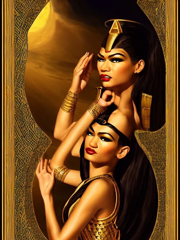 Image similar to zendaya as the Egyptian goddess bast, a beautiful art nouveau portrait by Gil elvgren, Nile river moonlight environment , centered composition, defined features, golden ratio, gold jewlery, photorealistic professional lighting, cinematic