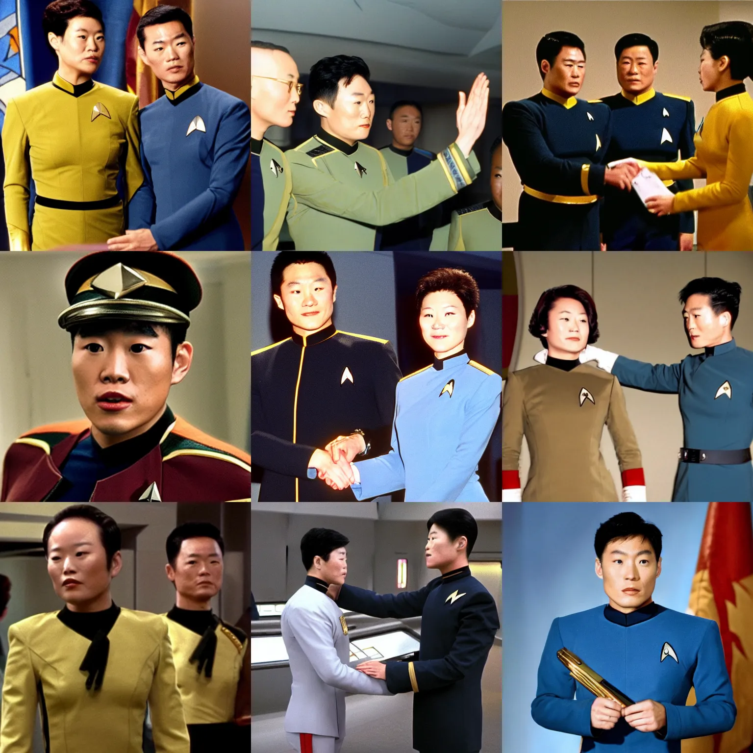 Prompt: A picture of Ensign Harry Kim from Star Trek Voyager getting promoted to a Starfleet admiral, award winning photography