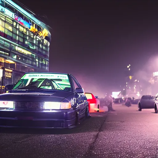 Image similar to a car JZX100 turbo drift at illegal car meet, Shibuya prefecture, midnight mist lights, cinematic color, photorealistic, highly detailed wheels, highly detailed