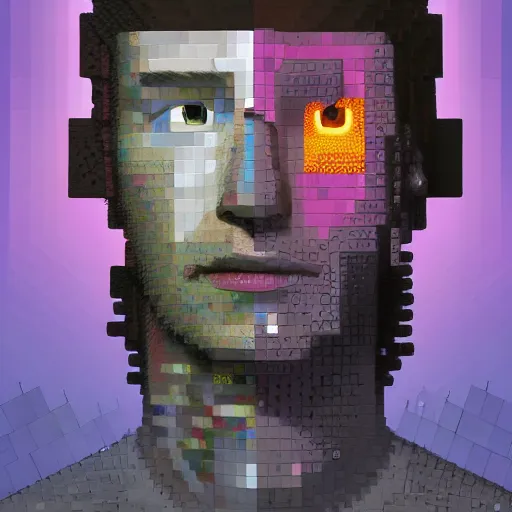 Image similar to Colour Caravaggio and Minecraft style Photography of Highly detailed Man with 1000 years old perfect face with reflecting glowing skin wearing highly detailed sci-fi VR headset designed by Josan Gonzalez. Many details . In style of Josan Gonzalez and Mike Winkelmann and andgreg rutkowski and alphonse muchaand and Caspar David Friedrich and Stephen Hickman and James Gurney and Hiromasa Ogura. Rendered in Blender and Octane Render volumetric natural light