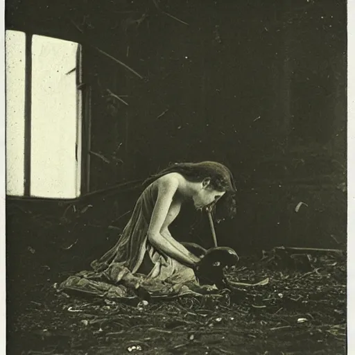 Image similar to 1860 photo of an ancient demon-girl devouring his own soul on an abandoned hospital, spooky