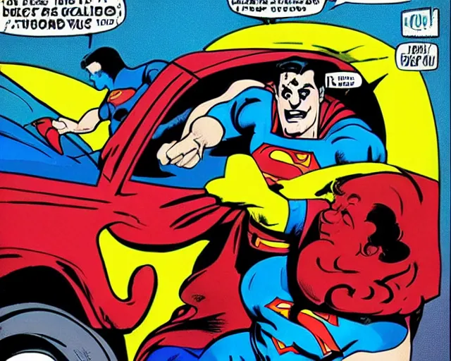 Image similar to Superman driving a clown car