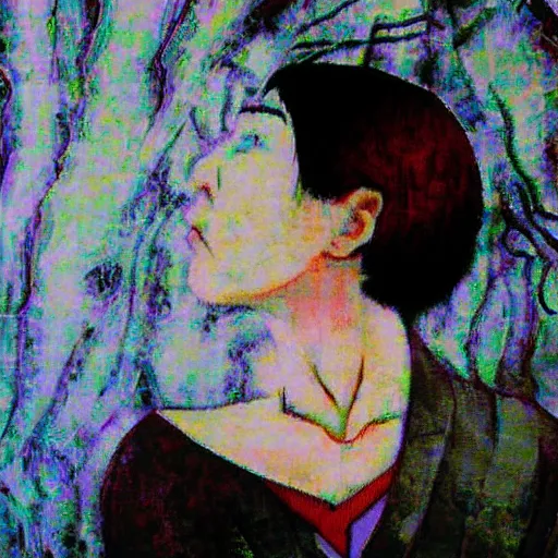 Image similar to yoshitaka amano blurred and dreamy realistic three quarter angle portrait of a young woman with short hair and black eyes wearing office suit with tie, junji ito abstract patterns in the background, satoshi kon anime, noisy film grain effect, highly detailed, renaissance oil painting, weird portrait angle, blurred lost edges