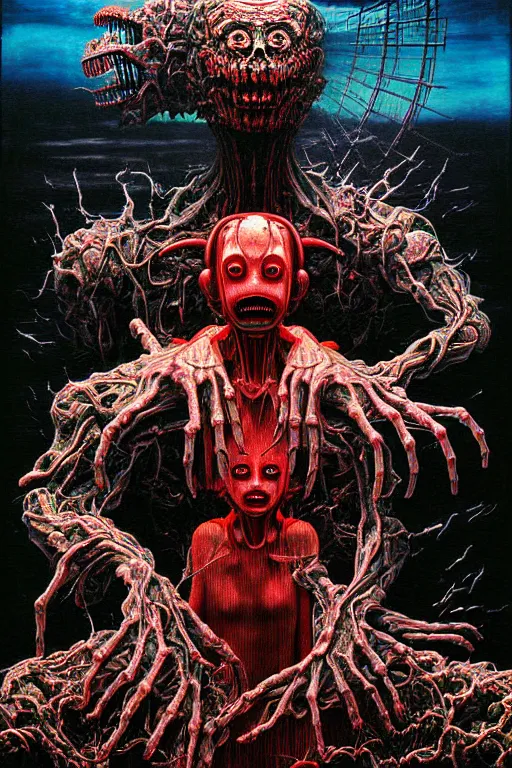 Prompt: a hyperrealistic painting of a 3 d nightmare with giant mechanical doll monster, cinematic horror by chris cunningham, lisa frank, richard corben, highly detailed, vivid color, beksinski painting, part by adrian ghenie and gerhard richter. art by takato yamamoto. masterpiece