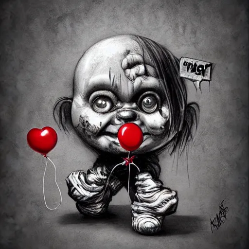 Image similar to surrealism grunge cartoon portrait sketch of chucky with a wide smile and a red balloon by - michael karcz, loony toons style, freddy krueger style, horror theme, detailed, elegant, intricate