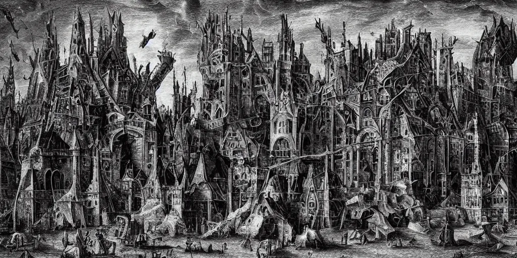 Image similar to demonic gothic megastructure in the style of heironymus bosch, dark intricate masterpiece, hyper detailed, hd