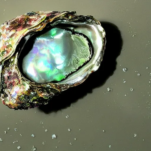 Prompt: a beautiful rendering of a dirty old corroded oyster with algae and barnacles growing on it, a glowing pure perfect iridescent pearl on the inside