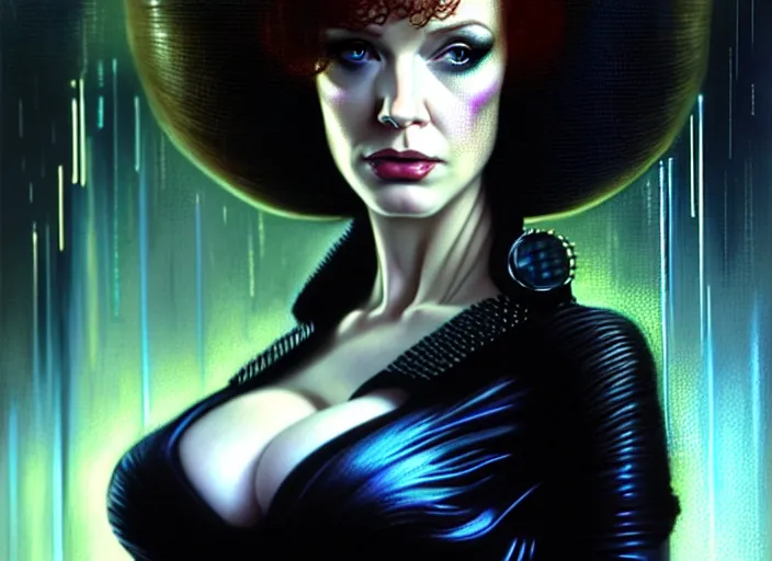 Image similar to portrait shot of christina hendricks in bladerunner wearin a cyberpunk costume, intricate, elegant, highly detailed, centered, digital painting, artstation, concept art, smooth, sharp focus, illustration, artgerm, tomasz alen kopera, peter mohrbacher, donato giancola, joseph christian leyendecker, wlop, boris vallejo