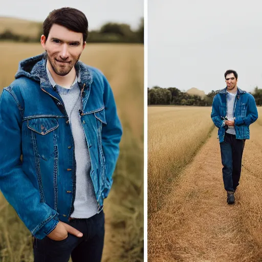 Prompt: steven bonnell ii in a blue jacket walking in a field, portrait photography, sony a 7 siii