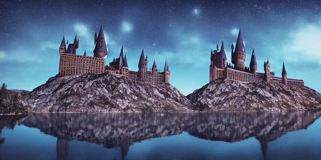 Image similar to Film still. Screenshot. Hogwarts night landscape. night lights. stars in the sky. cold blue hues. muted colors. high clouds. lake. magic. beautiful. perfect. 35mm lens. extremely detailed. 4K.