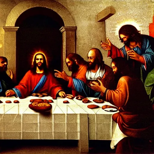 Image similar to Jesus eating KFC at the last supper, Leonardo da Vinci