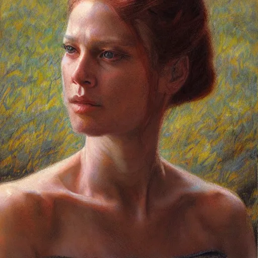 Image similar to portrait of a delicate female survivor, by donato giancola.