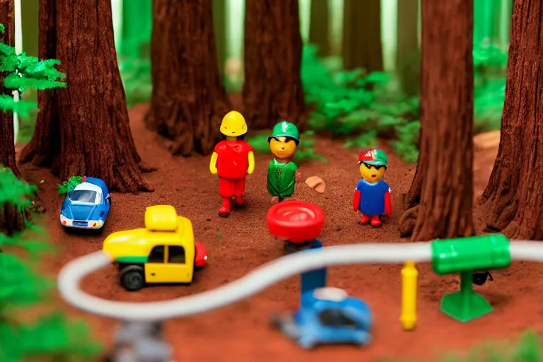 Image similar to fisher price redwood forest, california scene from tv show hyper detailed 5 5 mm 8 5 mm, toy photography, made out of plastic