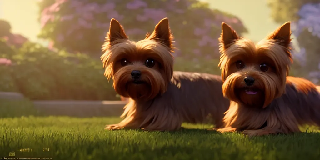 Image similar to a wholesome animation key shot of a brown and ashy 1 3 - year - old yorkshire terrier, studio ghibli, pixar and disney animation, sharp, rendered in unreal engine 5, anime key art by greg rutkowski, bloom, dramatic lighting