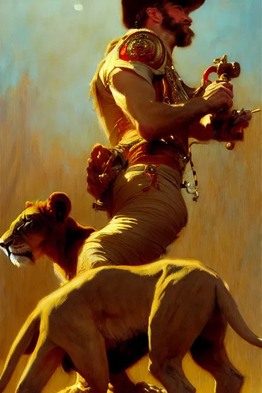 Prompt: lion tamer, highly detailed painting by gaston bussiere, craig mullins, j. c. leyendecker 8 k