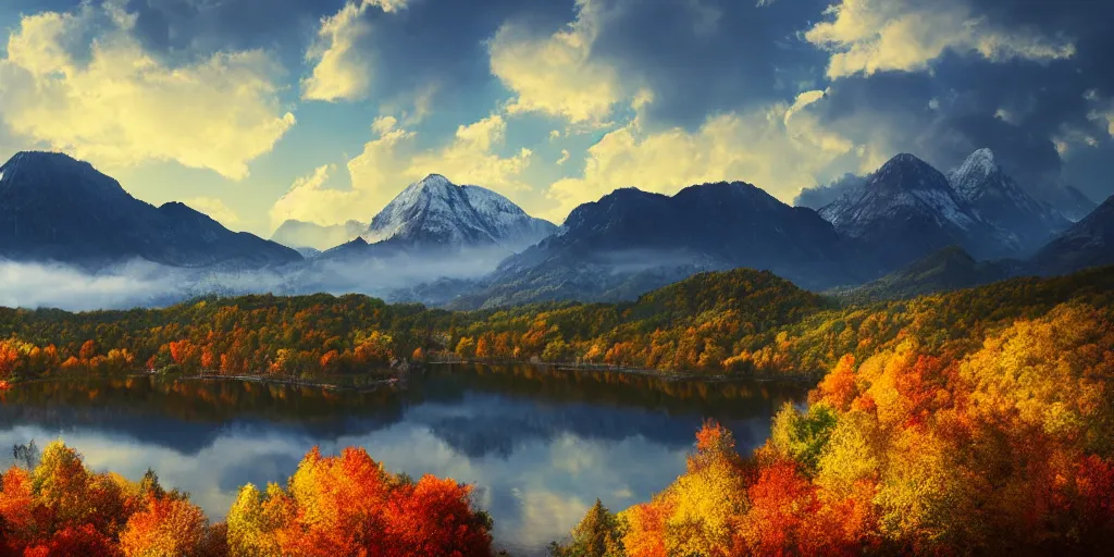 Image similar to peaceful clouds, mountain range, lake, autumn, colorful leaves, epic, matte painting, concept art, 4k