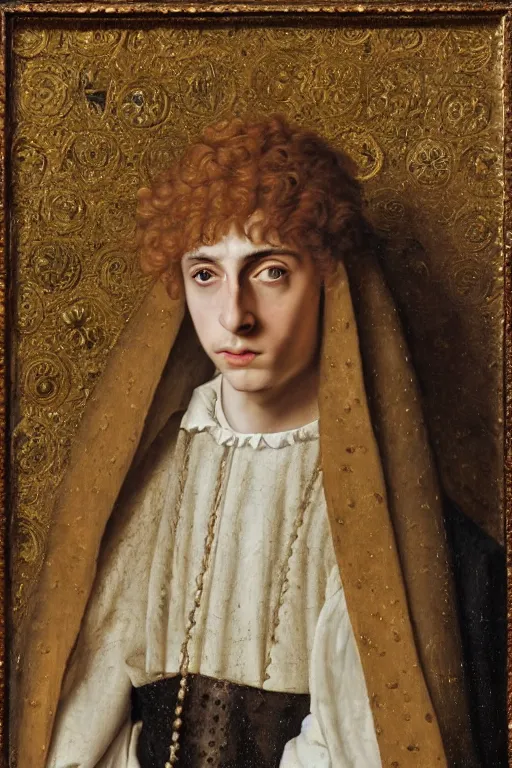 Prompt: portrait of timothee chalamet, oil painting by jan van eyck, northern renaissance art, oil on canvas, wet - on - wet technique, realistic, expressive emotions, intricate textures, illusionistic detail