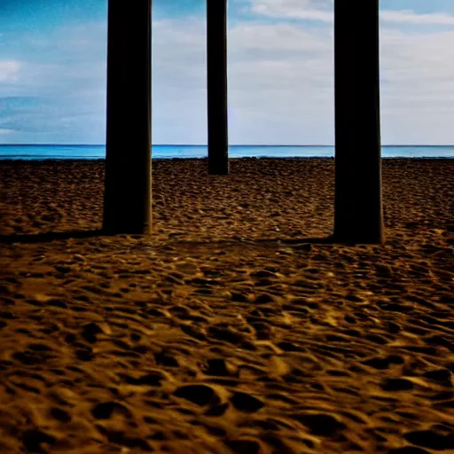 Image similar to a blurry photograph of a humanoid silhouette walking on the beach, taken from under a pier, pillars in the foreground, real, realistic, 4 k, photography