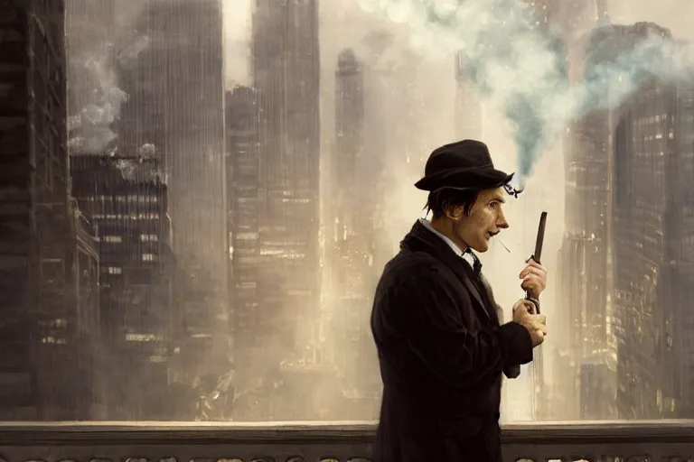 Image similar to beautiful face, portrait profile sherlock holmes tobacco pipe on a perch facing the city at night, smoke rising from pipe, smooth, focus, highly detailed, hyper realistic, dramatic lighting, intricate, concept art, new york skyline, looking down, movie still, art by wlop, greg rutowski, artstation