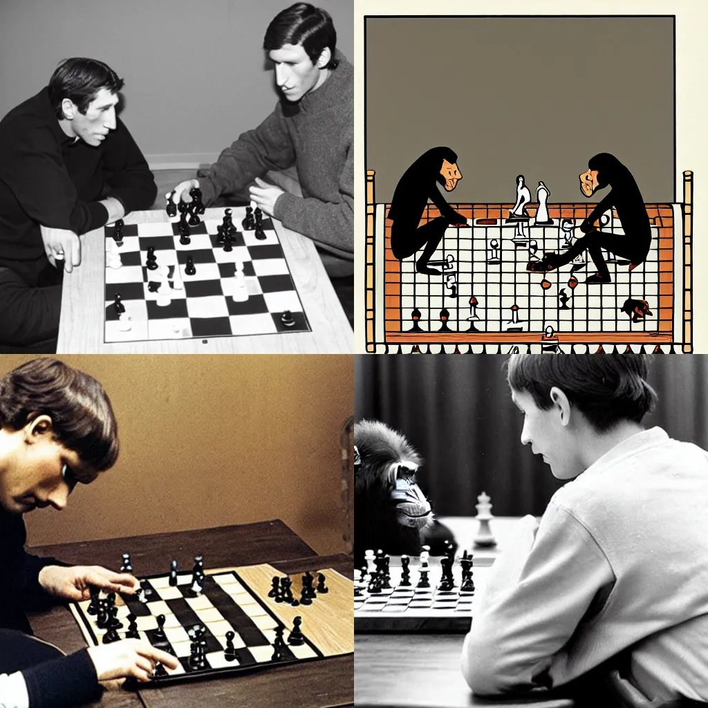 Prompt: Bobby Fischer playing chess against a chimpanzee