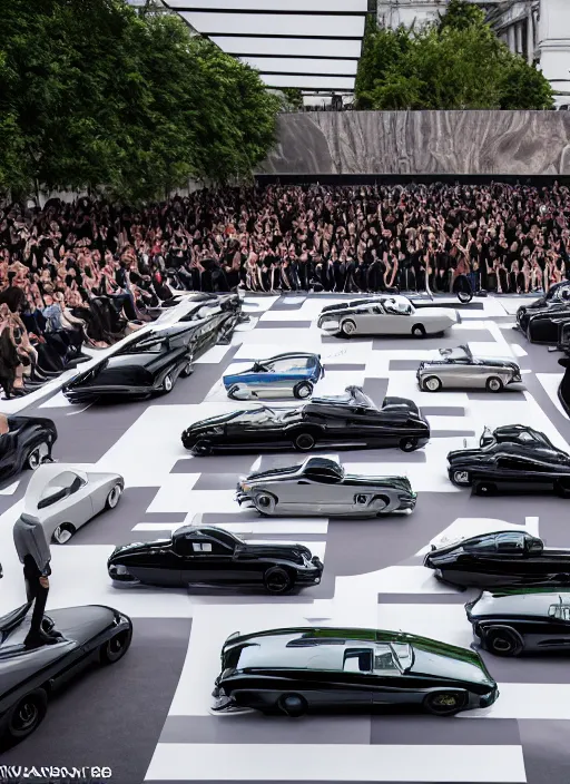 Image similar to hyperrealistic and heavy detailed balenciaga runway show of cars, leica sl 2 5 0 mm, vivid color, high quality, high textured, real life