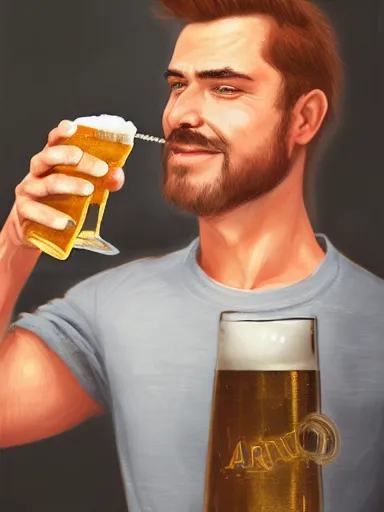 Image similar to a young handsome guy, drinking draffted beer in a pub. intricate, elegant, highly detailed, digital painting, artstation, concept art, sharp focus, illustration, by justin gerard and artgerm, 8 k