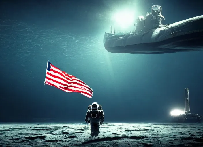 Image similar to astronaut holding a flag in an underwater desert. a submarine is visible in the distance. dark, concept art, cinematic, dramatic, atmospheric, 8 k, trending on artstation, blue, fish, low visibility, fog, ocean floor, christopher nolan, interstellar