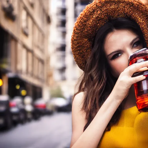 Prompt: photograph of woman holding a bottle in street, fashion shoot, award winning, kodak, 4 k, realistic intricate detail, hyper detail, woman very tired, full body potrait holding bottle, hazel green eyes, realistic, highlydetailed, natural, masterpiece, sharp focus,