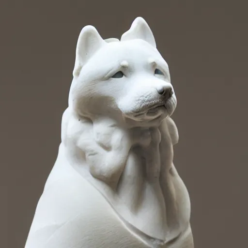 Prompt: an ancient greek sculpture of a shiba inu in white marble, close up photo, museum, ultra realistic, studio photo, bokeh, detailed.